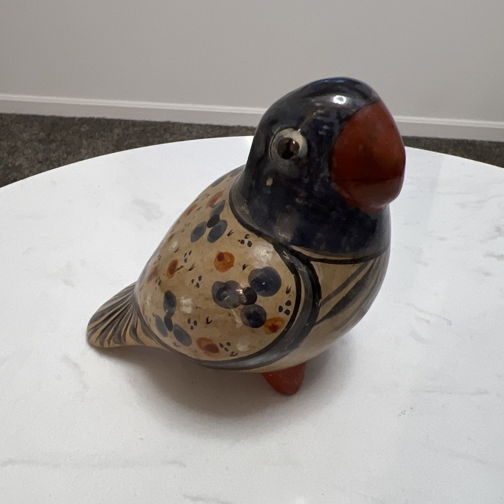 Vintage Tonala Mexican Pottery Bird Figurine Folk Art Hand Painted